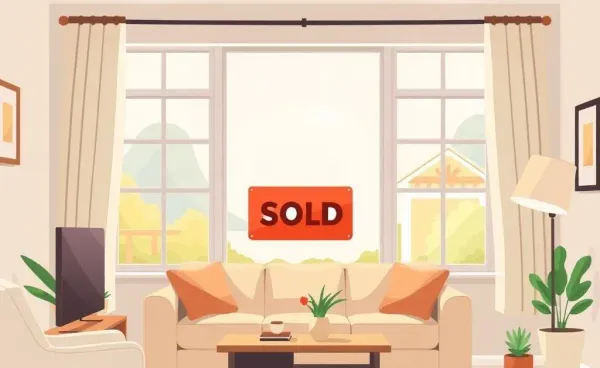 A cartoon-style cozy living room with a 'Sold' sign visible through the window
