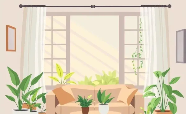 A cartoon-style cozy living room with potted plants and sunlight pouring in through the window