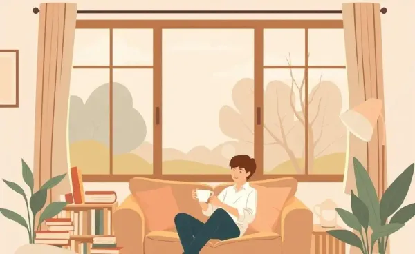 A cozy living room atmosphere with a person enjoying tea, books, and a scenic window view