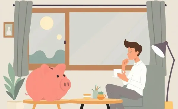 A cozy living room setting with a piggy bank on the table and a thoughtful person enjoying a cup of tea by the window.