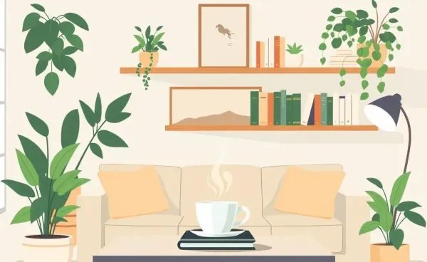A cozy living room with plants, books, and a cup of tea on a table