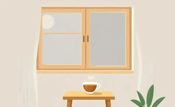 A cozy, minimalistic room with a cup of tea