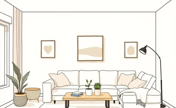 A minimalist and cozy living room showcasing neutral tones and soft textures