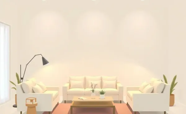 A cozy minimalist living room with warm lighting and soft furniture