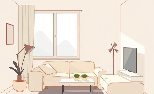 A cozy living room with minimalist decor, showcasing a bright and inviting space
