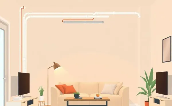 A cozy, modern apartment with visible hot water pipes for central heating