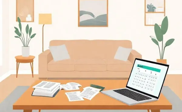 Cozy living room with mortgage paperwork on a coffee table