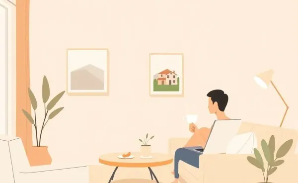 A person comfortably browsing home listings on a laptop while sipping tea