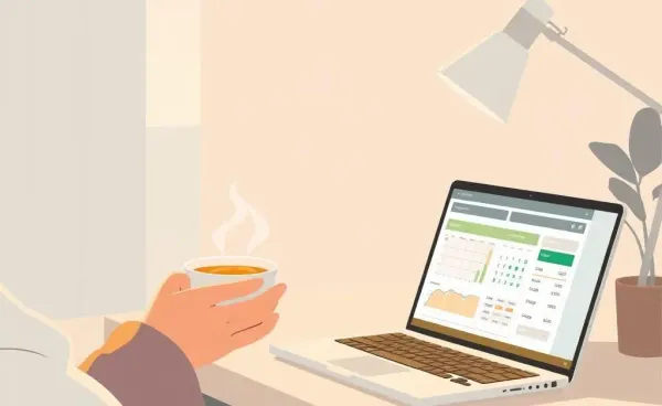 A person sipping tea while reviewing mortgage options on a laptop.