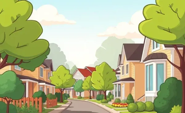 A cozy neighborhood view illustration depicting a potential homebuyer’s perspective.