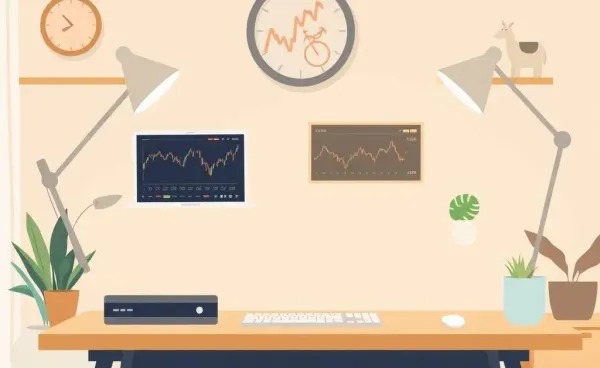 A home office desk with a laptop displaying stock graphs