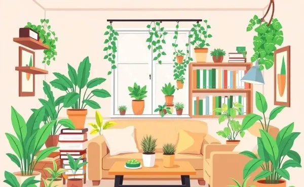 Cartoon-style illustration of an organized living room with plants and books