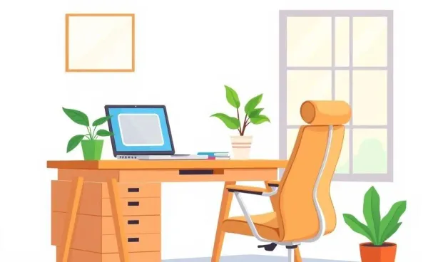 A cozy and productive home office setup with a desk, chair, laptop, plant, and window.