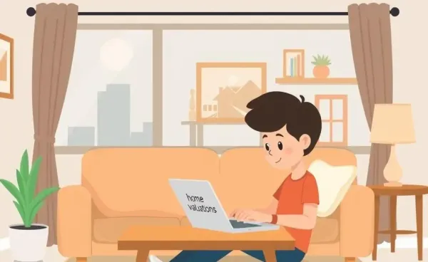 Person researching home valuations on a laptop in a cozy living room