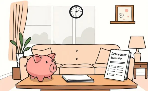 A cozy living room setup with a piggy bank and a retirement plan booklet on the table.