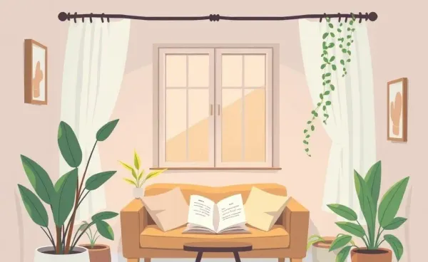Cozy room with reading nook, plants, and soft lighting