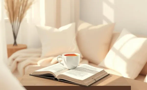 A cozy room with a cup of tea and an open book