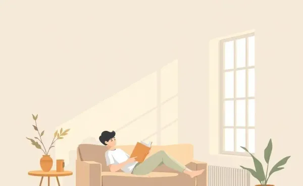 A person reading peacefully in a cozy and simple room