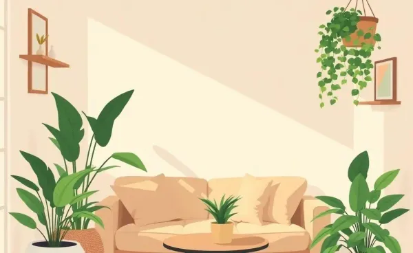Cozy small apartment with cushions and plants