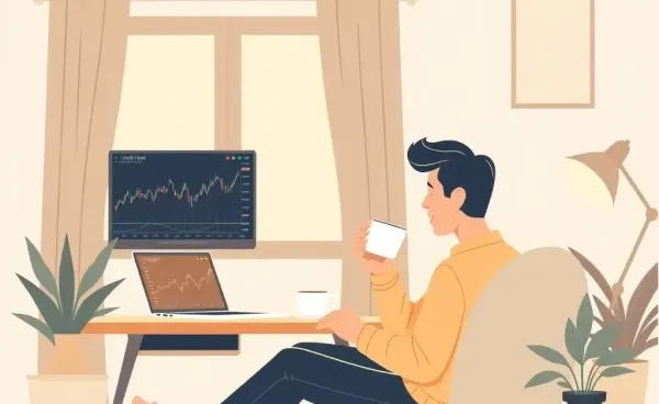 A cozy home office with stock market analysis on a laptop screen.