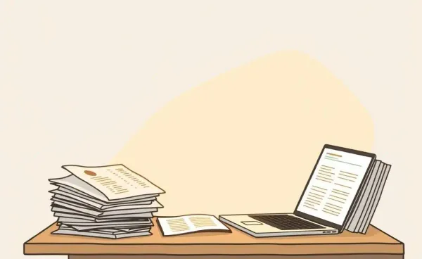 A welcoming study room with financial documents and a laptop on the desk.