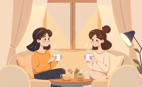Two friends talking over tea about life's surprises in a cozy setting