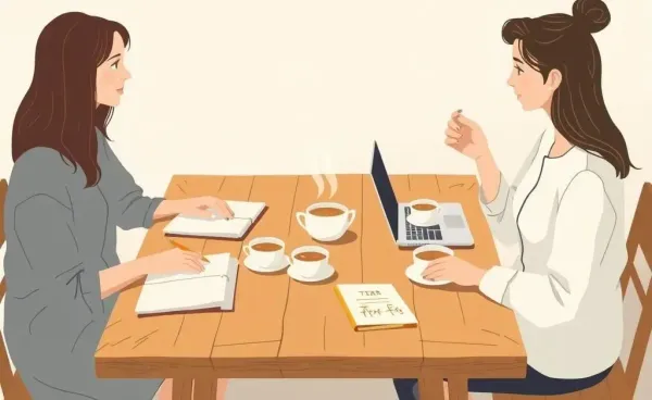 A cozy tea conversation on a wooden table with notebooks and a laptop