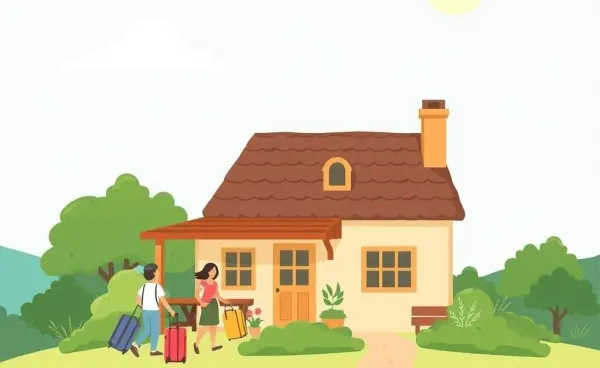 A cartoon illustration of guests arriving at a cozy vacation rental.