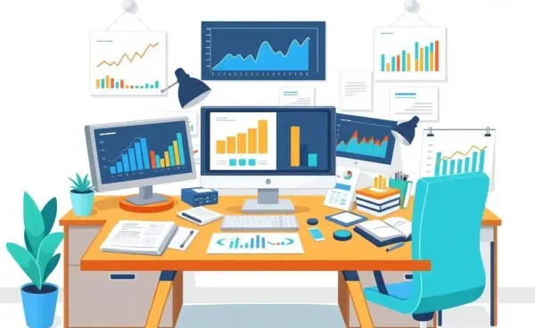 Illustration of a financial analyst desk with charts and graphs