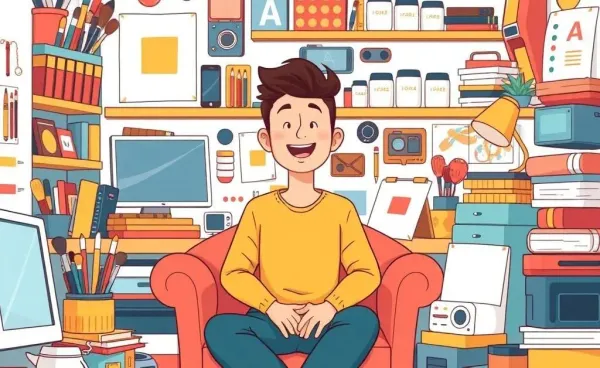 Person in a cluttered yet vibrant workspace full of creative tools