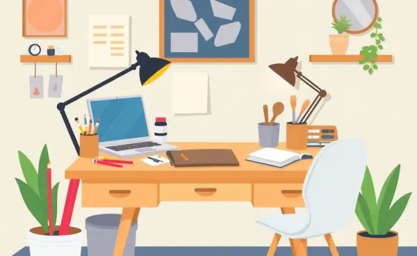 A cozy desk setup with creative tools like paints and a laptop