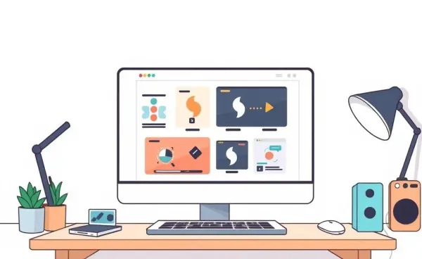 A creative desktop setup with an open laptop showing digital portfolios