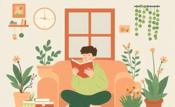 A person indulging in reading, painting, gardening, and meditating in a cozy setting.