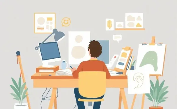 Illustrator working at a desk cluttered with creative tools