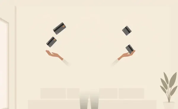 Illustration of person balancing credit cards peacefully.