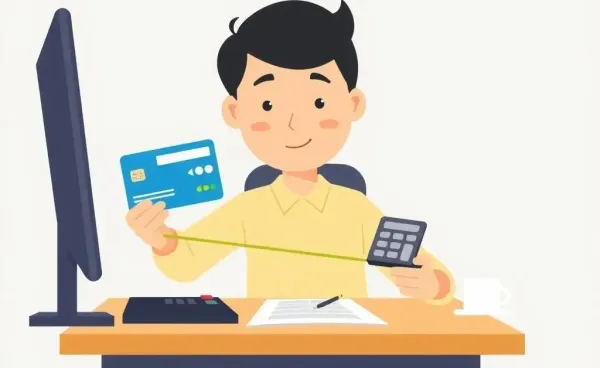 Illustration of a person balancing a credit card and a calculator