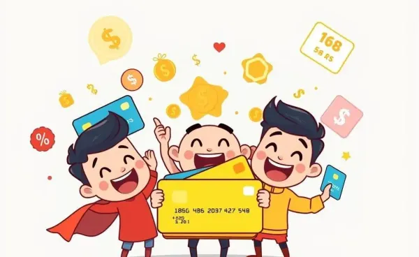 Cartoon depiction of people holding credit cards with rewards