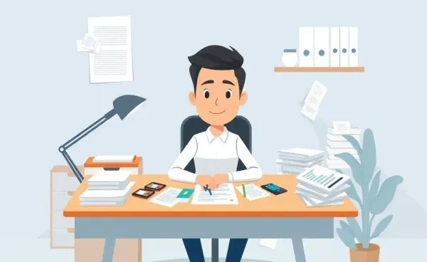 A person managing credit card rewards at a desk full of papers