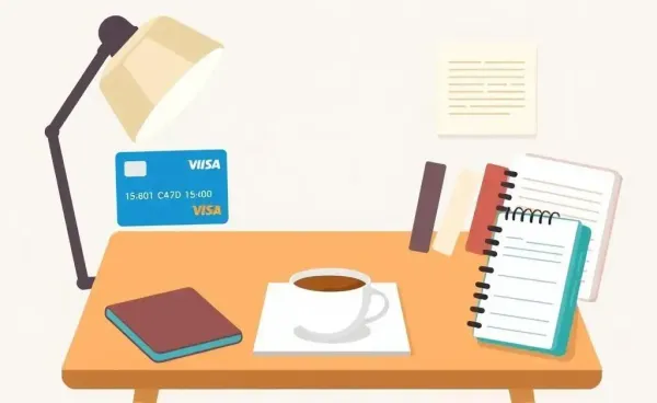 A cozy desk with credit card offers and a planner