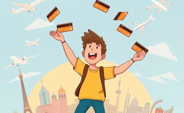 Person juggling credit cards with a travel backdrop