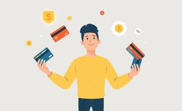 Person managing multiple credit cards with rewards icons.