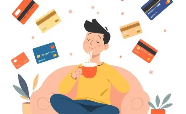Person relaxing with credit cards floating