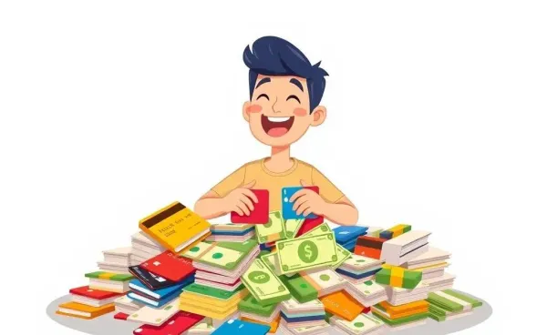 Person happily sorting through a pile of credit cards and cash rewards