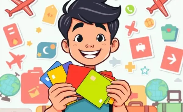 Person holding colorful credit cards with travel stickers