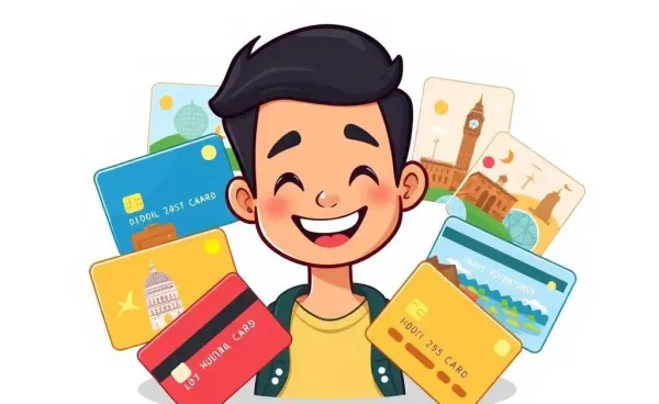 A cheerful person surrounded by credit cards and travel icons.