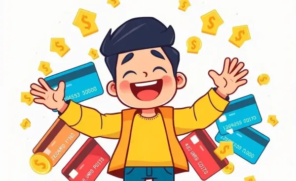 Person surrounded by credit cards and reward icons