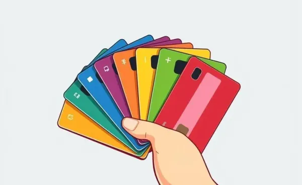 A hand holding a fan of colorful credit cards