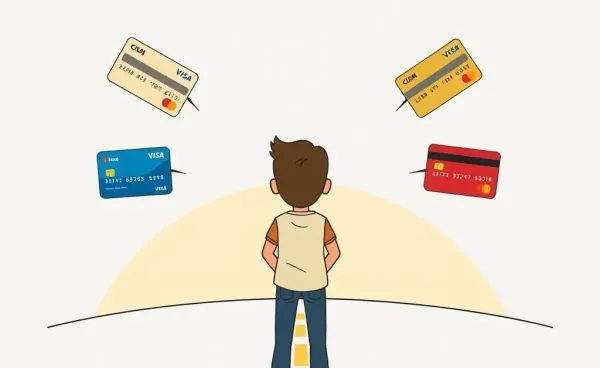 A person deciding between different credit cards at a crossroads