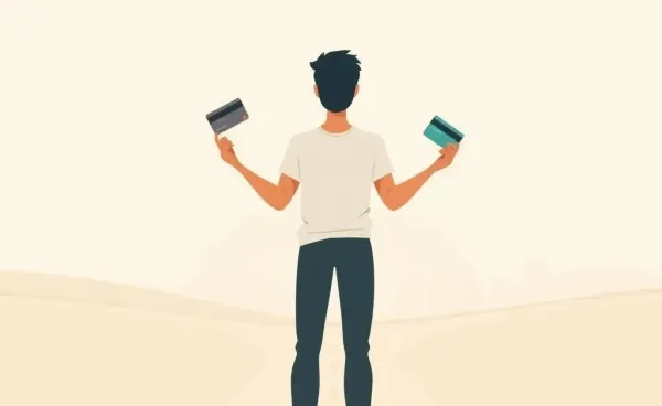 Person at a crossroads holding credit card options