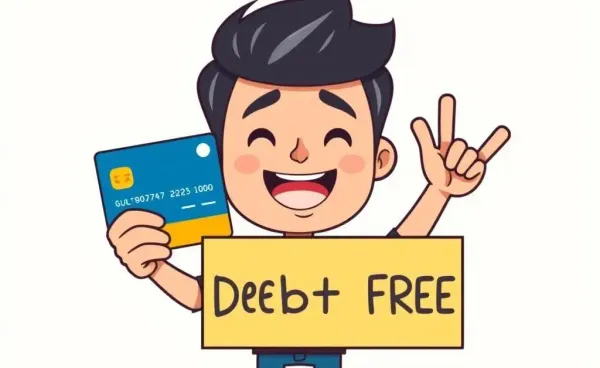 A triumphant person surrounded by cut-up credit card pieces signifying freedom from debt